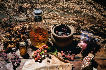 Magic potion or herbal medicine concept background.