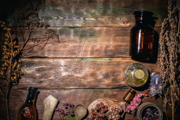 Fototapeta na wymiar Magic potion or herbal medicine concept background.
