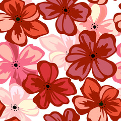 Seamless pattern with hand-drawing wild flowers, red pink colorful botanical illustrations, abstract floral elements, vector hand drawn repeatable illustrations isolated on white background.