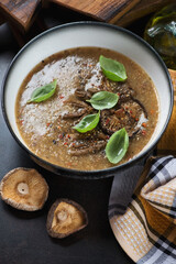 Bowl of soup made of porcini and shiitake mushrooms with addition of quinoa, studio shot, selective focus