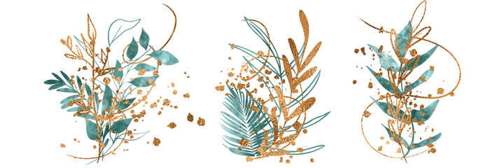 Watercolor plants with leaves and golden grasses. Background with floral elements, botanical watercolor illustration with gold splashes and decorated with gold ribbons. Design elements for cards, web 