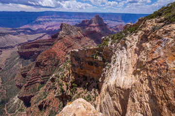 Spectacular views of the big canyon. Amazing mountain landscape. Breathtaking view of the rocks. View from Cape Royal trail, Grand Canyon, North Rim