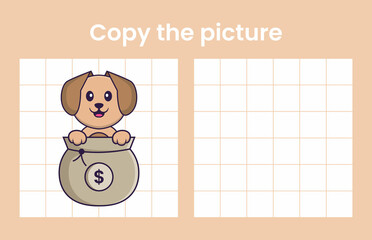 Copy the picture of a cute dog. Educational game for children. Cartoon vector illustration