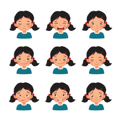 Cute little girl with facial expressions set. Vector of kid faces with different emotions such as sad, crying, tired, excited, playful, in love, peaceful, cheerful, silly face, embarrassed, regret.