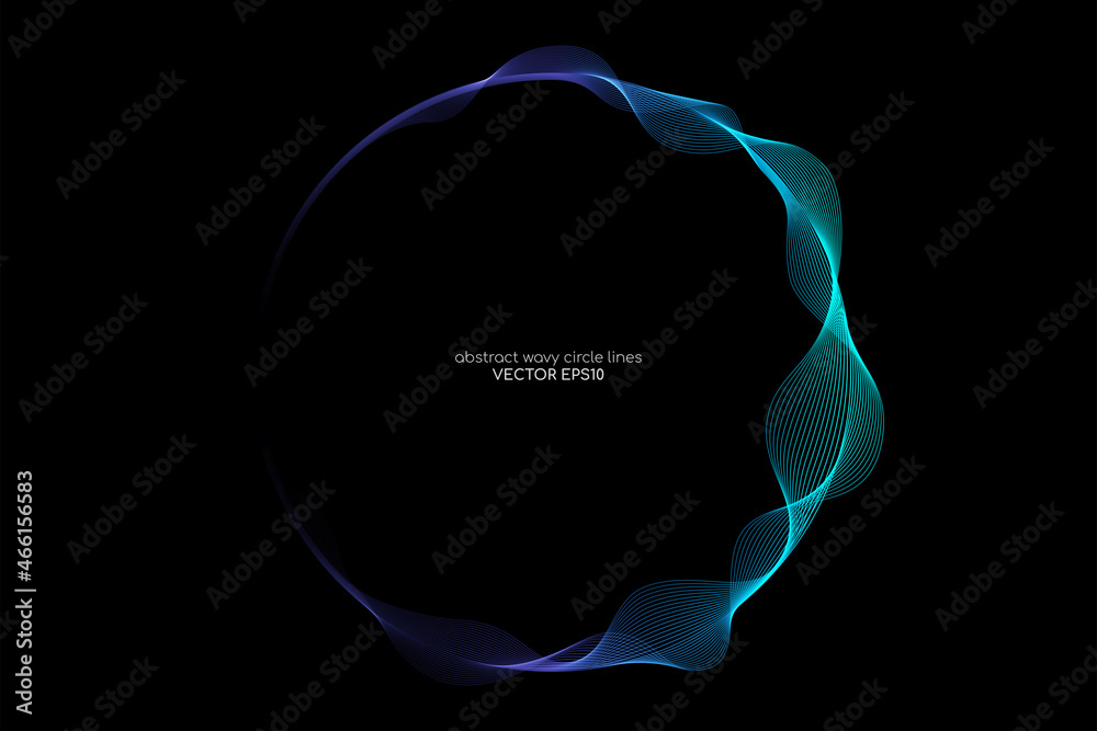 Aufkleber abstract wavy dynamic blue light lines circle swirl round frame isolated on black background in conc