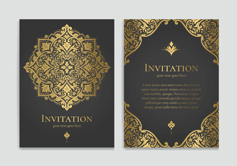 Black and gold abstract greeting card design. Luxury vector ornament template. Great for invitation, flyer, menu, brochure, postcard, background, wallpaper, decoration, packaging or any desired idea.