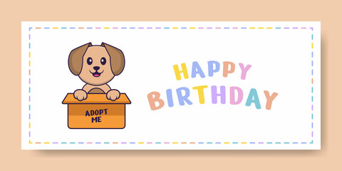 Happy Birthday banner with Cute dog cartoon character. Vector Illustration