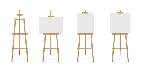 Easel standing with white board or canvas set. Blank blackboards on wooden tripod for art, painting, drawing or announcement vector illustration. Studio equipment on white background - obrazy, fototapety, plakaty