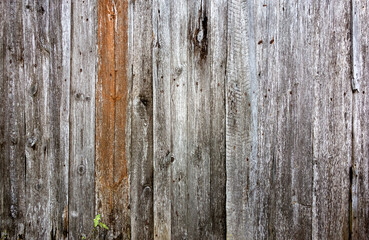 A wooden wall with an aged surface.
Vintage wall and floor made of darkened wood, realistic plank texture.
 Empty room interior background.
