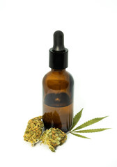 Bottle with CBD oil or tincture with marijuana leaf and buds on white background. CBD, a...