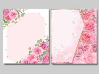 可憐で高級感のある薔薇の花と植物の美しい白バック半透明すりガラスゴールドフレームベクター素材