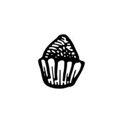 Chocolate truffle candy in paper packaging. Sweet dessert. Element for decorating a fun party. Hand drawn line vector illustration in doodle style.