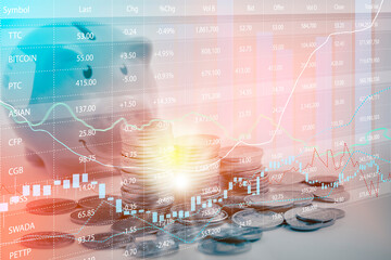 Saving Bank for Business Finance concept, coin and rows growth, Stock market or forex trading graph and candlestick chart suitable for financial investment money, currency exchange background