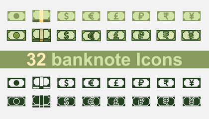Banknote icon set for designs. Four styles. 