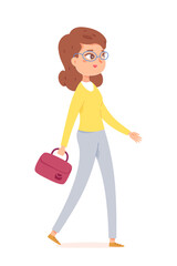 Teacher walking, young woman in glasses holding bag, girl going to work at school