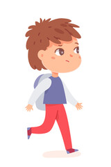Cute boy walking with backpack to school, little funny schoolboy character