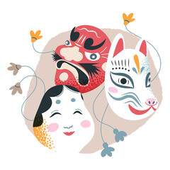 Japanese traditional mask, Japan kabuki art culture, tattoo faces of devil geisha kitsune