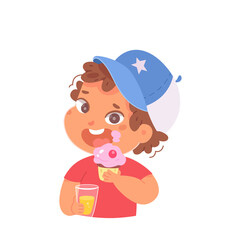 Kid eating chocolate cupcake, enjoying sweet food, little boy holding sweet choco muffin