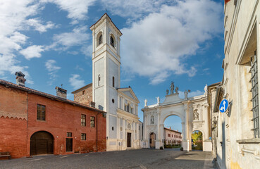 Fototapeta na wymiar Cherasco, Cuneo, Italy - October 27, 2021: Arch of Belvedere, ex voto for escaped the plague and the church of Sant Agostino (17th century designed by Giovenale Boetto) in via Vittorio Emanuele II