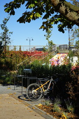 Fahrradständer mit E-Bike oder Mountainbike im Herbst bei blauem Himmel und Sonnenschein an der...