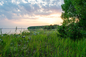 Warm summer sunset on the Volga River