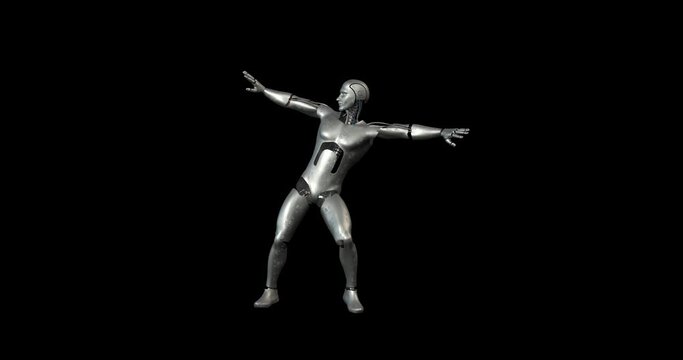 Happy Funny AI Bionic Cyborg Robot Dancing. Alpha Channel. Technology And Space Related 3D Animation.