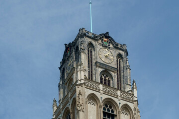 Detail of the church tower of the Grote- or Sint Laurenskerk with the coat of arms of Rotterdam, Zuid-Holland Province, The Netherlands