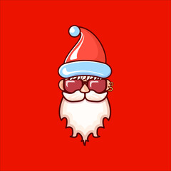 Santa Claus head with Santa red hat and hipster sunglasses isolated on red christmas background. Santa Claus label or sticker design. Christmas greeting card template