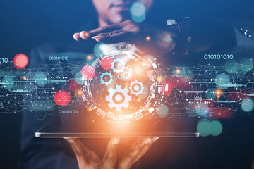 Brain development business idea. Businessman showing creativity. The process of working in the brain with the cogs of the future technology world.
