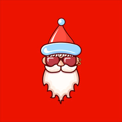 Santa Claus head with Santa red hat and hipster sunglasses isolated on red christmas background. Santa Claus label or sticker design. Christmas greeting card template