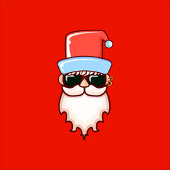 Santa Claus head with Santa red hat and hipster sunglasses isolated on red christmas background. Santa Claus label or sticker design. Christmas greeting card template