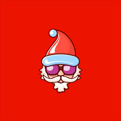 Santa Claus head with Santa red hat and hipster sunglasses isolated on red christmas background. Santa Claus label or sticker design. Christmas greeting card template
