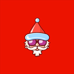 Santa Claus head with Santa red hat and hipster sunglasses isolated on red christmas background. Santa Claus label or sticker design. Christmas greeting card template