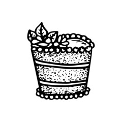 Sponge cake with cream and decorations for the holiday. Hand drawn line vector illustration in doodle style. Dessert for Birthday or Wedding.