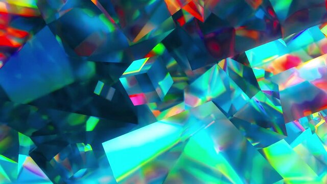 Bright precious 3d render geometrical stones with glare of magical gemstone light. Polygonal iridescent sapphires reflecting quartz minerals and prismatic abstract crystals.