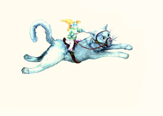 Watercolor illustration on paper. a gnome riding a cat is in a hurry to visit.