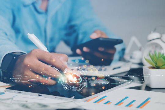 Business man targets innovations in the automated cloud storage industry. technology information optimization concept