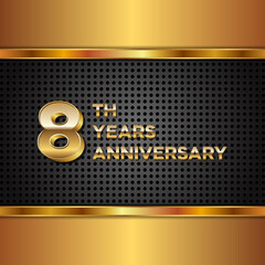 8 years anniversary, anniversary celebration vector design with gold color on black texture background, simple and luxury design. logo vector template