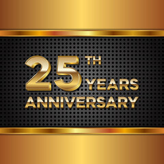 25 years anniversary, anniversary celebration vector design with gold color on black texture background, simple and luxury design. logo vector template
