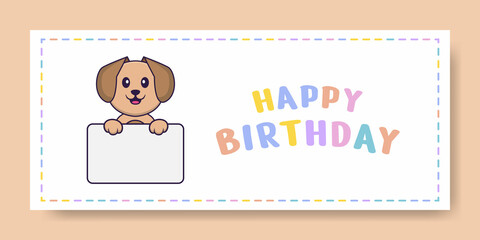 Happy Birthday banner with Cute dog cartoon character. Vector Illustration