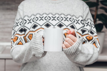 Woman's hands holding white coffee or tea cup, mockup.