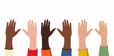 Set of hands raised up. Group of diverse human arms rising together. Concept of international community. Colored flat vector illustration isolated on white background