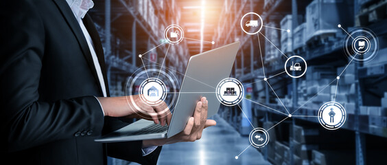 Smart warehouse management system with innovative internet of things technology to identify package picking and delivery . Future concept of supply chain and logistic network business .