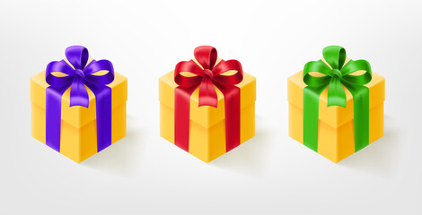 Gift boxes with color satin bow. 3d style vector illustration