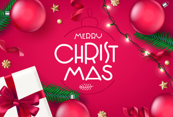 Christmas flat lay background with holiday elements. Realistic vector illustration