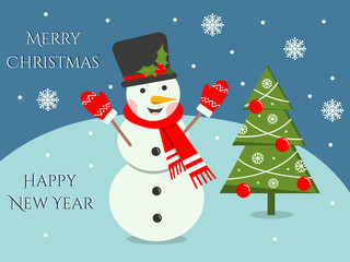 Happy snowman character in a hat, mittens and scarf. Christmas greeting card, flat vector illustration