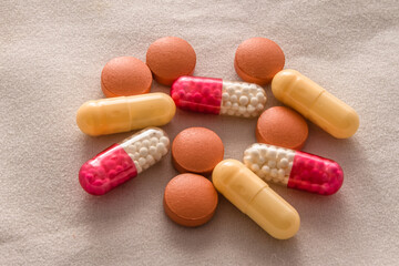 pills, capsules, multi-colored, antibiotics, vitamins, scattered, medicine, hospital, white background, treatment, prescription, help, sick, dosage, health
