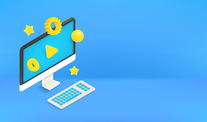 Using modern computer. Vector banner with copy space