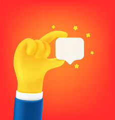 Man holding speech cloud in a hand. Cute cartoon 3d style vector illustration