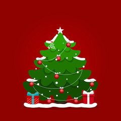 Decorated Christmas tree. Merry Christmas and Happy New Year background. Vector illustration.